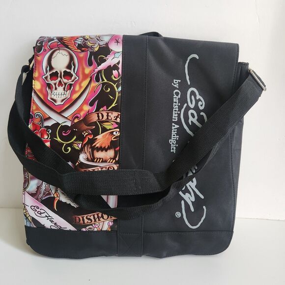NEW Y2K Ed Hardy Christian Audigier Messenger Crossbody Bag Black Skulls VINTAGE - Picture 12 of 16